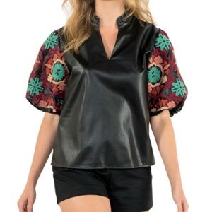 THML Black Faux Leather Top with Multicolor Embroidered Puff Sleeves